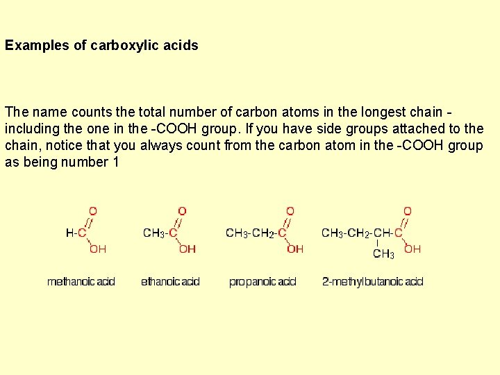 Examples of carboxylic acids The name counts the total number of carbon atoms in Examples of carboxylic acids The name counts the total number of carbon atoms in