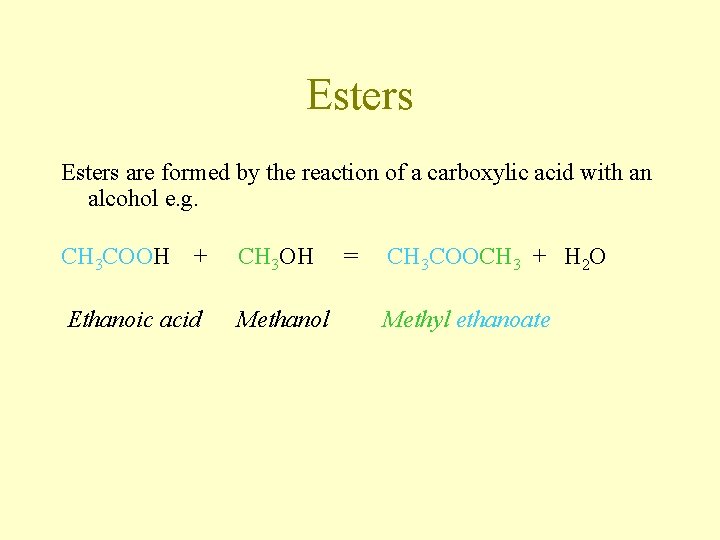 Esters are formed by the reaction of a carboxylic acid with an alcohol e. Esters are formed by the reaction of a carboxylic acid with an alcohol e.