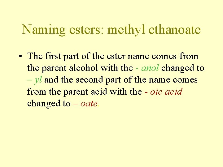 Naming esters: methyl ethanoate • The first part of the ester name comes from Naming esters: methyl ethanoate • The first part of the ester name comes from