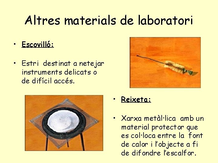 Altres materials de laboratori • Escovilló: • Estri destinat a netejar instruments delicats o