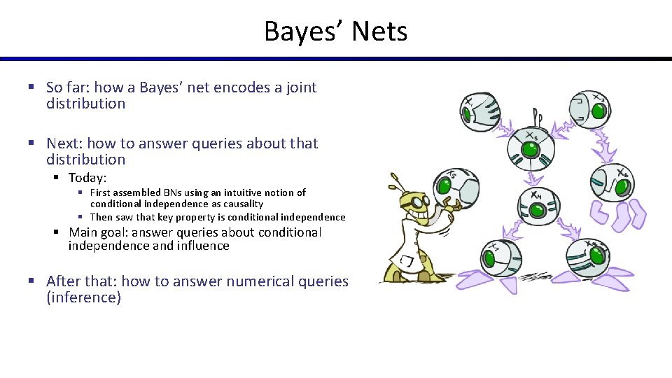 Bayes’ Nets § So far: how a Bayes’ net encodes a joint distribution §