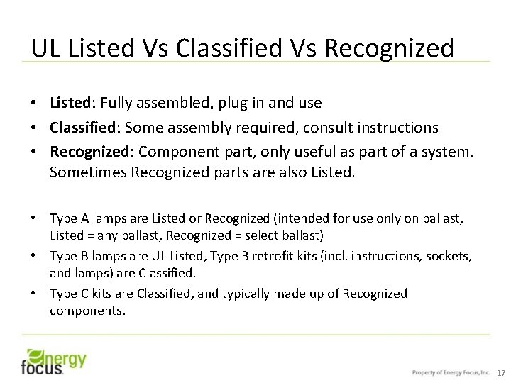UL Listed Vs Classified Vs Recognized • Listed: Fully assembled, plug in and use