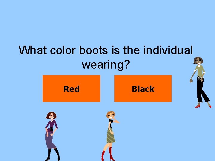 What color boots is the individual wearing? Red Black 