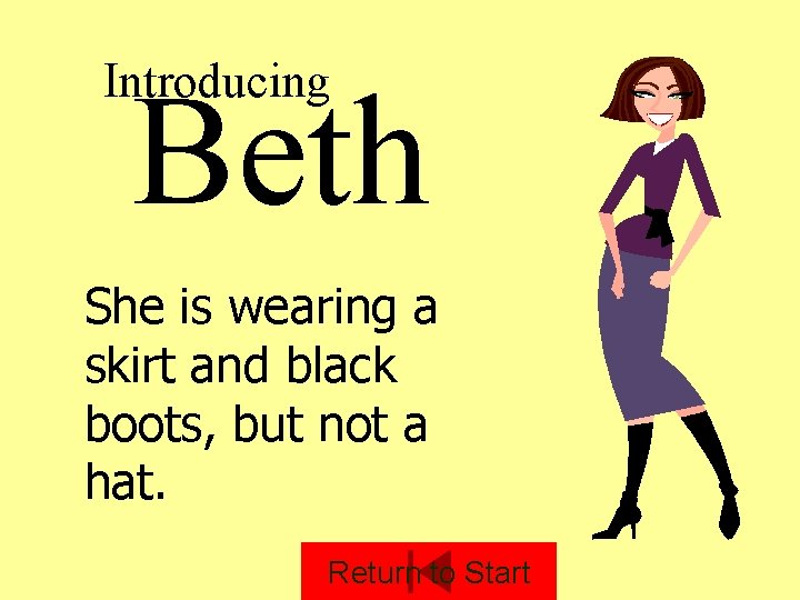 Introducing Beth She is wearing a skirt and black boots, but not a hat.