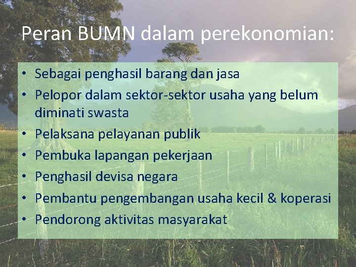 Peran BUMN dalam perekonomian: • Sebagai penghasil barang dan jasa • Pelopor dalam sektor-sektor