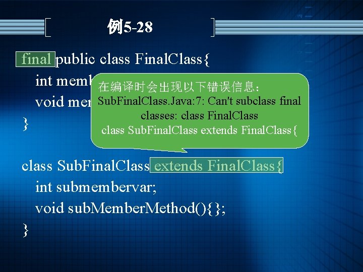 例5 -28 final public class Final. Class{ int memberar; 在编译时会出现以下错误信息： Sub. Final. Class. Java:
