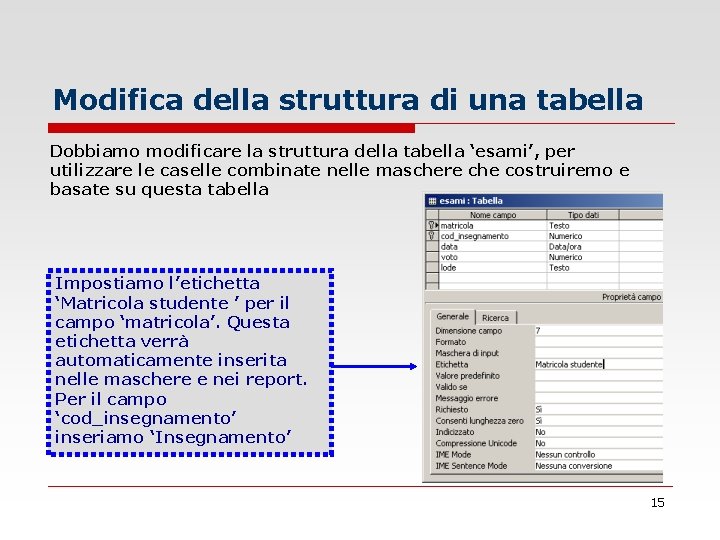 Modifica della struttura di una tabella Dobbiamo modificare la struttura della tabella ‘esami’, per