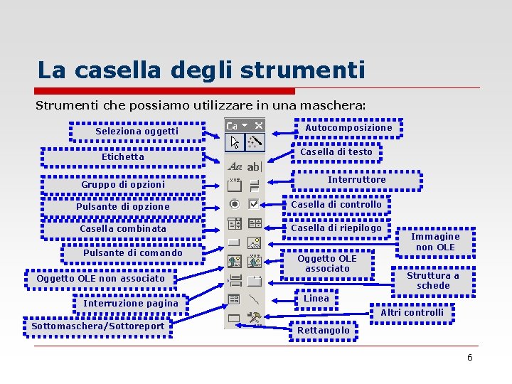 La casella degli strumenti Strumenti che possiamo utilizzare in una maschera: Seleziona oggetti Etichetta