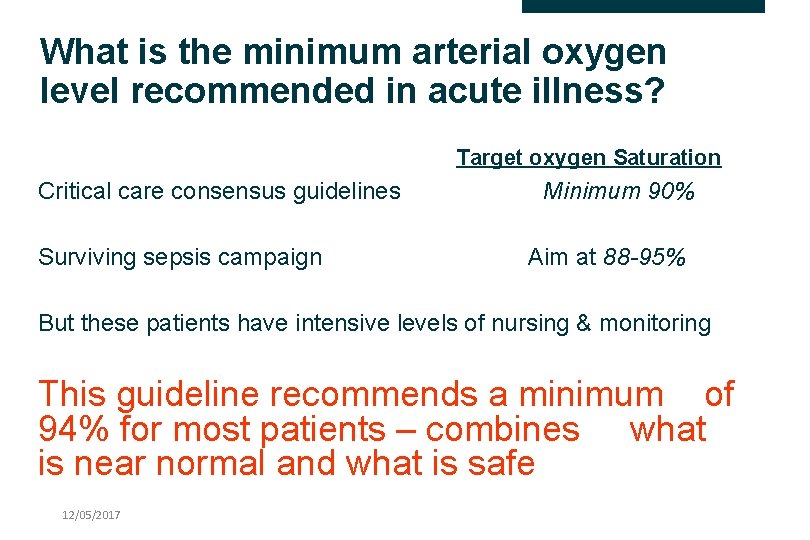 What is the minimum arterial oxygen level recommended in acute illness? Target oxygen Saturation