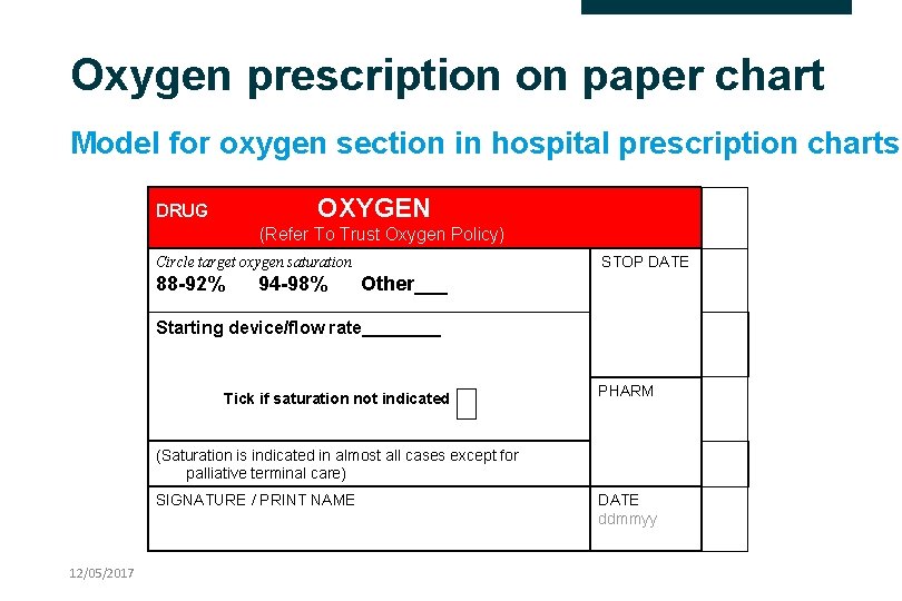 Oxygen prescription on paper chart Model for oxygen section in hospital prescription charts DRUG