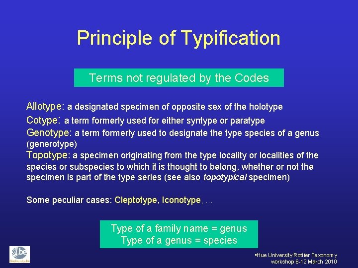 Principle of Typification Terms not regulated by the Codes Allotype: a designated specimen of