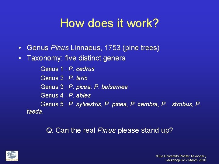 How does it work? • Genus Pinus Linnaeus, 1753 (pine trees) • Taxonomy: five