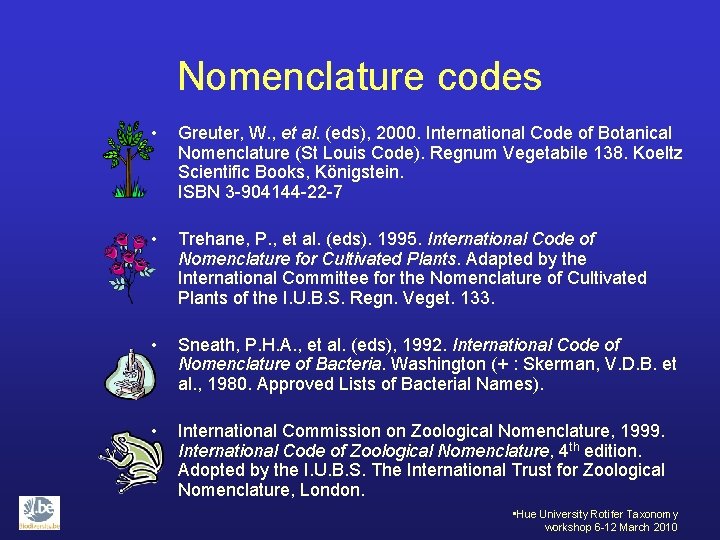 Nomenclature codes • Greuter, W. , et al. (eds), 2000. International Code of Botanical