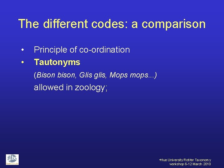 The different codes: a comparison • • Principle of co-ordination Tautonyms (Bison bison, Glis