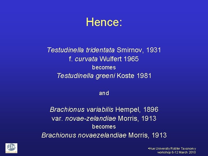 Hence: Testudinella tridentata Smirnov, 1931 f. curvata Wulfert 1965 becomes Testudinella greeni Koste 1981