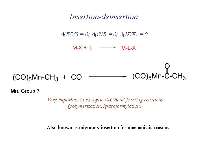 Insertion-deinsertion D(FOS) = 0; D(CN) = 0; D(NVE) = 0 Mn: Group 7 Very