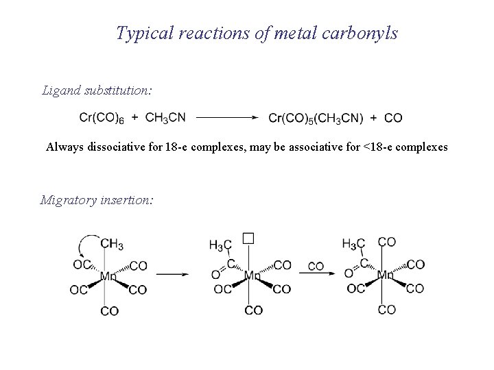 Typical reactions of metal carbonyls Ligand substitution: Always dissociative for 18 -e complexes, may