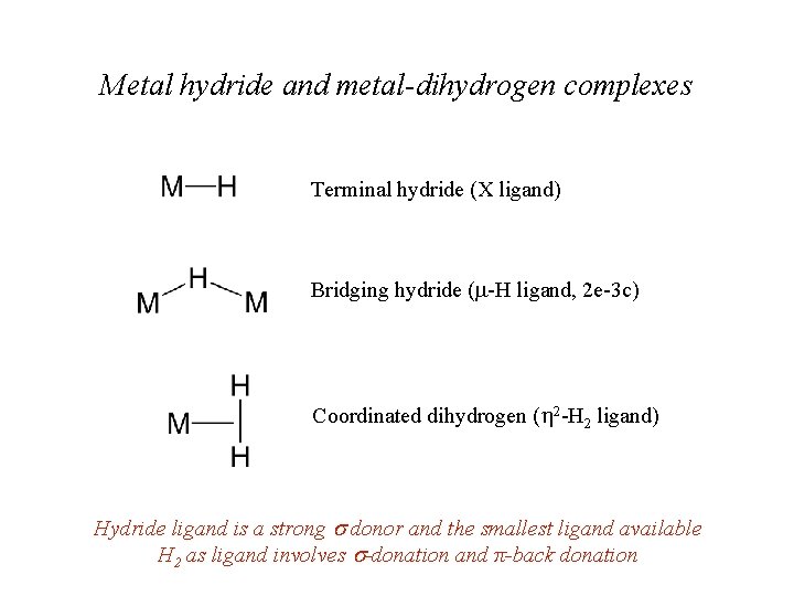 Metal hydride and metal-dihydrogen complexes Terminal hydride (X ligand) Bridging hydride (m-H ligand, 2