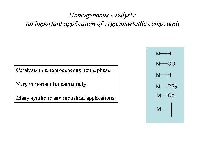 Homogeneous catalysis: an important application of organometallic compounds Catalysis in a homogeneous liquid phase