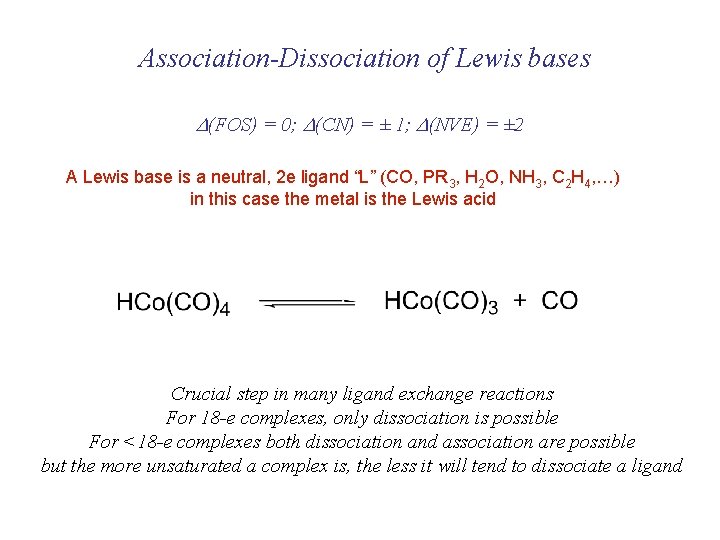 Association-Dissociation of Lewis bases D(FOS) = 0; D(CN) = ± 1; D(NVE) = ±