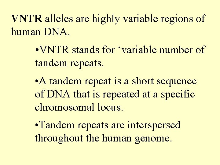 VNTR alleles are highly variable regions of human DNA. • VNTR stands for ‘variable