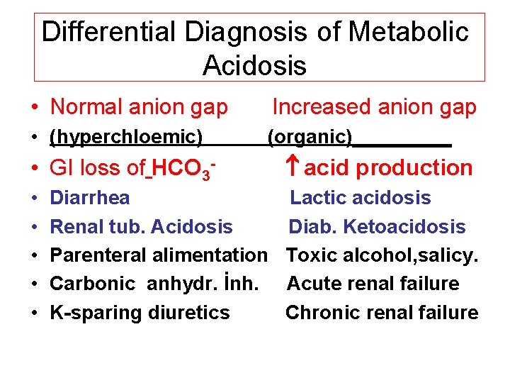 Differential Diagnosis of Metabolic Acidosis • Normal anion gap Increased anion gap • (hyperchloemic)