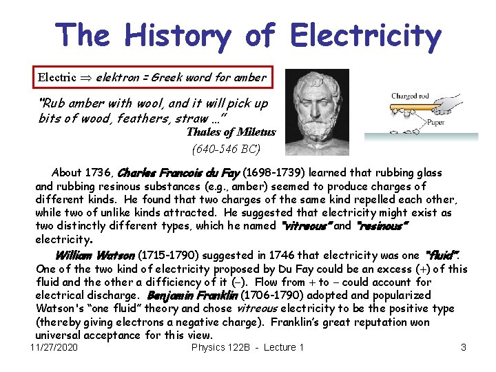 The History of Electricity Electric Þ elektron = Greek word for amber “Rub amber