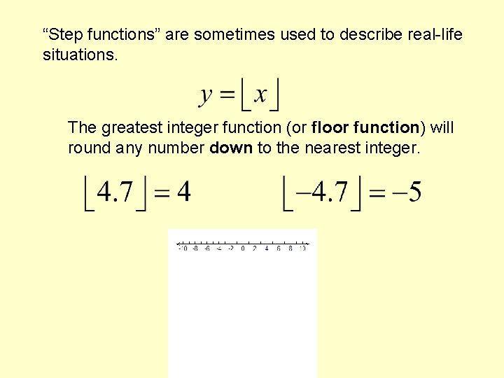 “Step functions” are sometimes used to describe real-life situations. The greatest integer function (or “Step functions” are sometimes used to describe real-life situations. The greatest integer function (or