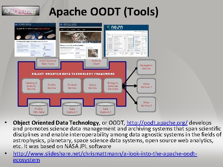 Apache OODT (Tools) OODT/Science Web Tools Archive Client Navigation Service OBJECT ORIENTED DATA TECHNOLOGY