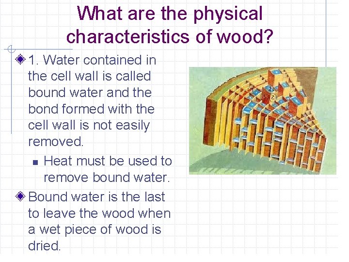 What are the physical characteristics of wood? 1. Water contained in the cell wall