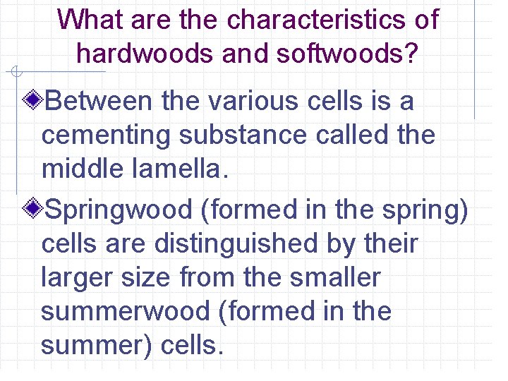 What are the characteristics of hardwoods and softwoods? Between the various cells is a