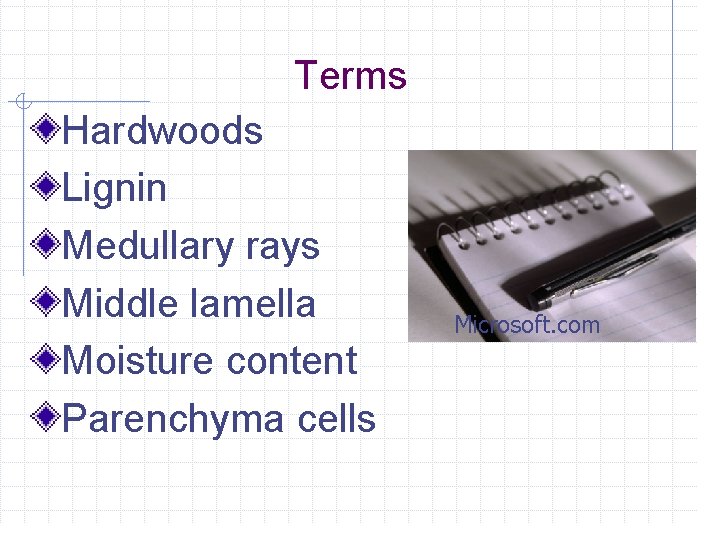 Terms Hardwoods Lignin Medullary rays Middle lamella Moisture content Parenchyma cells Microsoft. com 