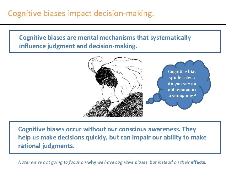 Cognitive biases impact decision-making. Cognitive biases are mental mechanisms that systematically influence judgment and