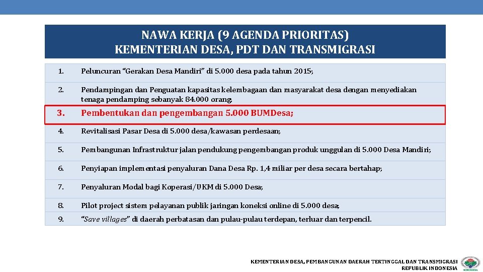 NAWA KERJA (9 AGENDA PRIORITAS) KEMENTERIAN DESA, PDT DAN TRANSMIGRASI 1. Peluncuran “Gerakan Desa