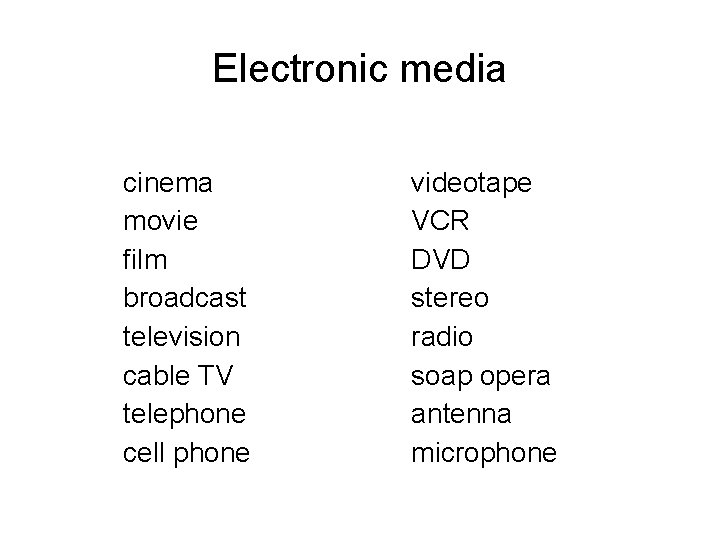 Electronic media cinema movie film broadcast television cable TV telephone cell phone videotape VCR