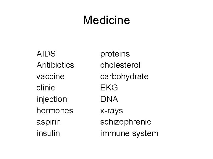 Medicine AIDS Antibiotics vaccine clinic injection hormones aspirin insulin proteins cholesterol carbohydrate EKG DNA