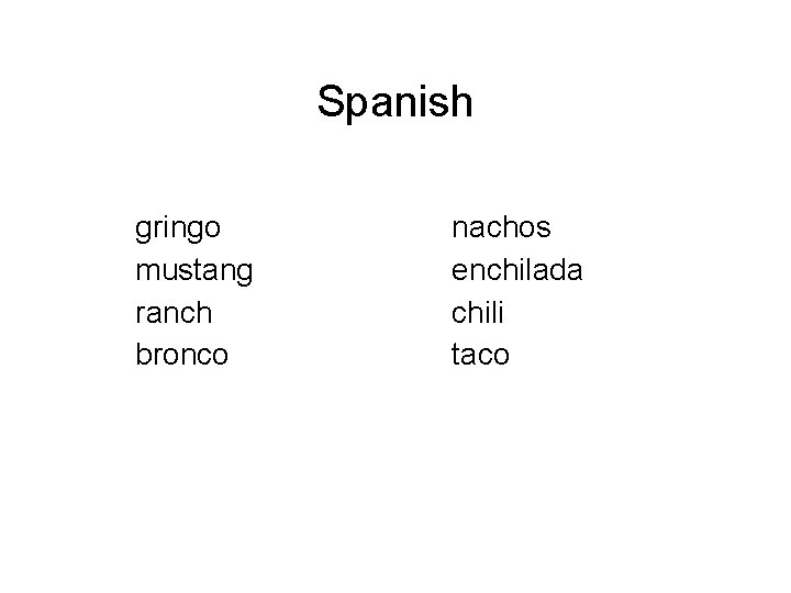 Spanish gringo mustang ranch bronco nachos enchilada chili taco 