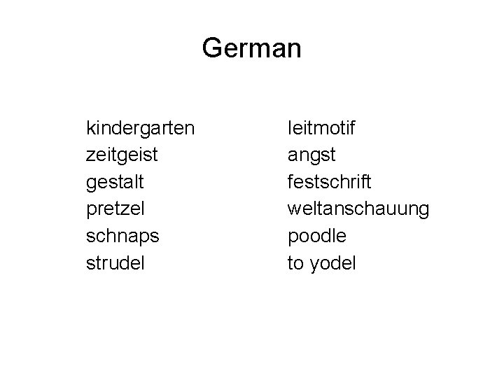 German kindergarten zeitgeist gestalt pretzel schnaps strudel leitmotif angst festschrift weltanschauung poodle to yodel