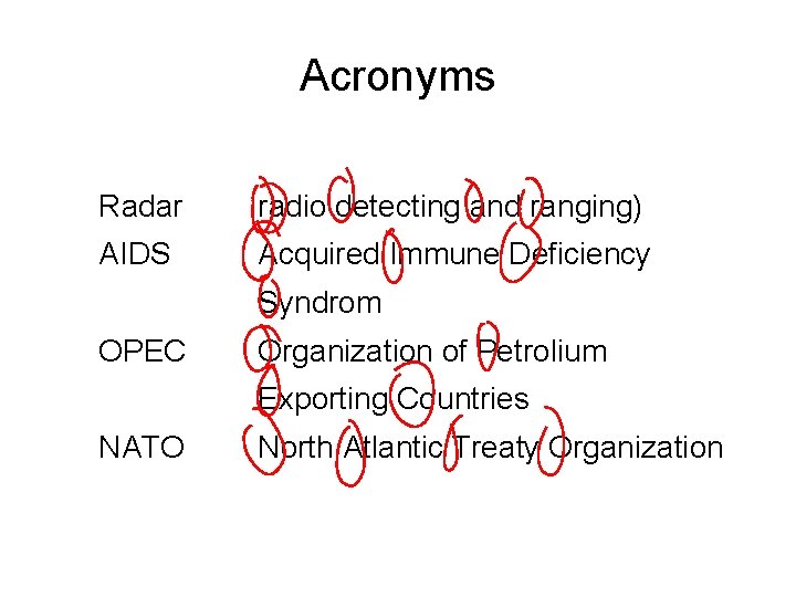 Acronyms Radar radio detecting and ranging) AIDS Acquired Immune Deficiency Syndrom OPEC Organization of