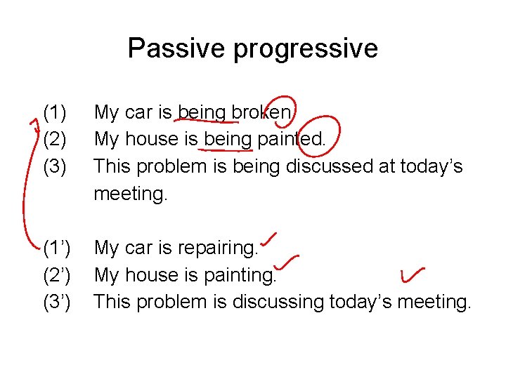 Passive progressive (1) (2) (3) My car is being broken. My house is being