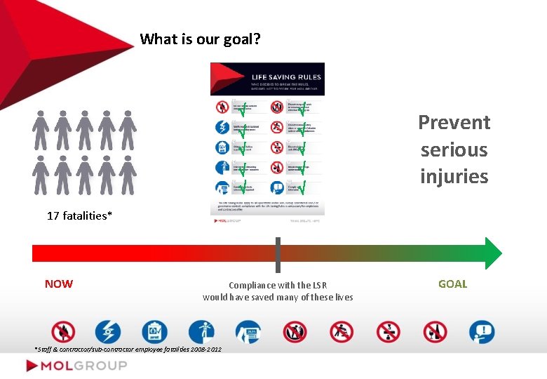 What is our goal? Prevent serious injuries 17 fatalities* NOW Compliance with the LSR
