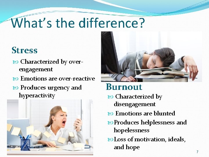 What’s the difference? Stress Characterized by overengagement Emotions are over-reactive Produces urgency and hyperactivity