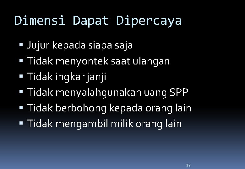 Dimensi Dapat Dipercaya Jujur kepada siapa saja Tidak menyontek saat ulangan Tidak ingkar janji