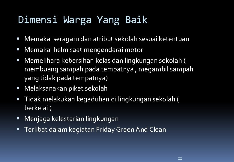 Dimensi Warga Yang Baik Memakai seragam dan atribut sekolah sesuai ketentuan Memakai helm saat