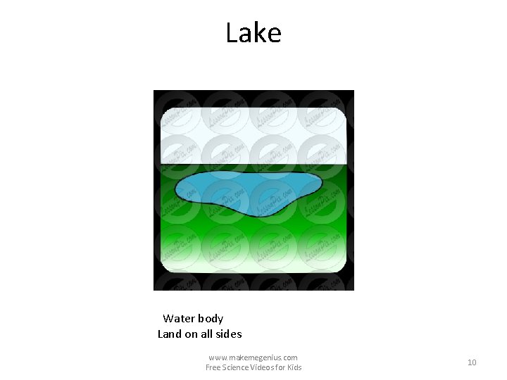 Lake Water body Land on all sides www. makemegenius. com Free Science Videos for