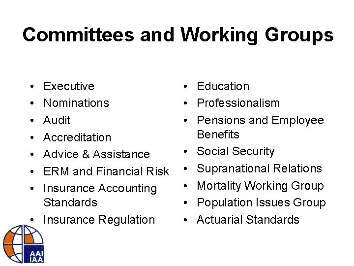 Committees and Working Groups • • Executive Nominations Audit Accreditation Advice & Assistance ERM
