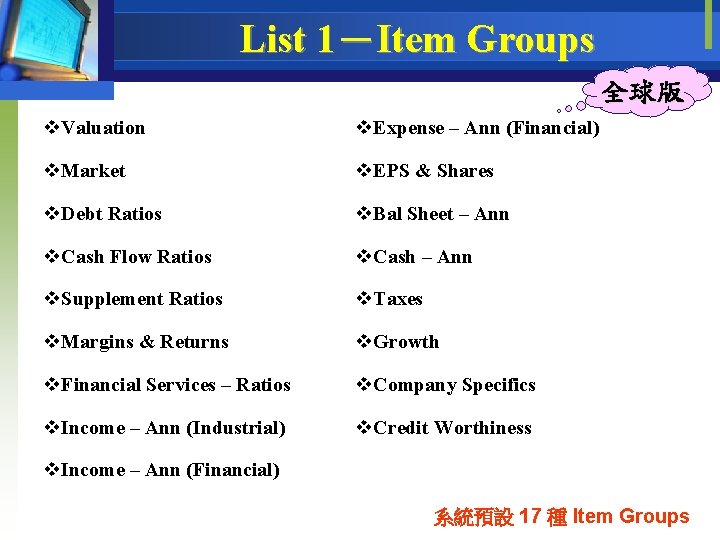 List 1－Item Groups 全球版 v. Valuation v. Expense – Ann (Financial) v. Market v.
