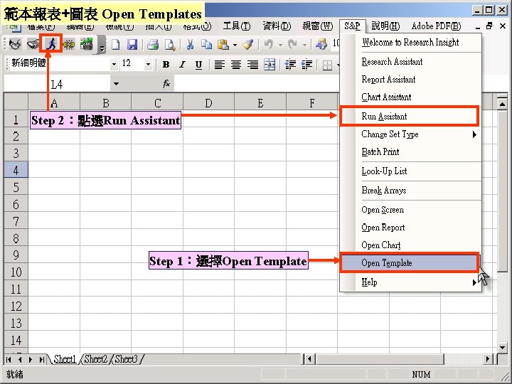 範本報表+圖表 Open Templates Step 2：點選Run Assistant Step 1：選擇Open Template 