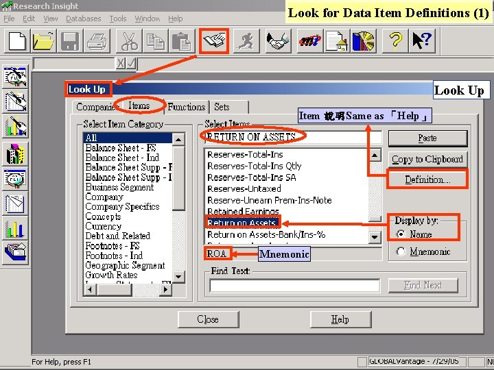 Look for Data Item Definitions (1) Look Up Item 說明Same as 「Help」 Mnemonic 