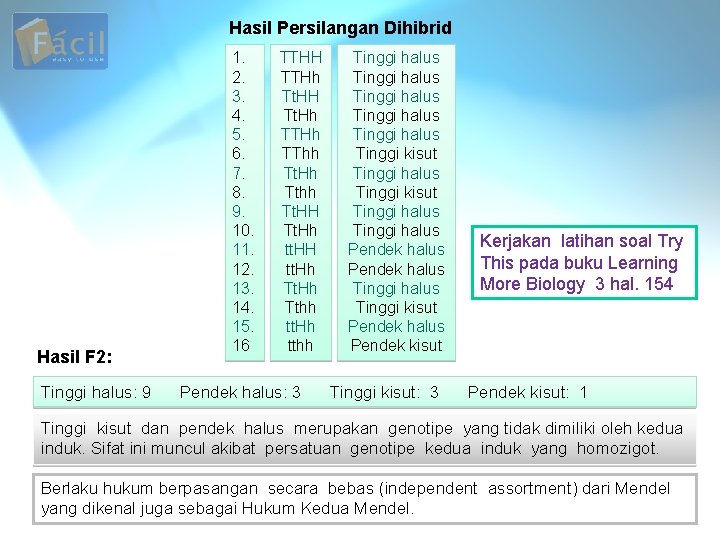Hasil Persilangan Dihibrid Hasil F 2: Tinggi halus: 9 1. 2. 3. 4. 5.